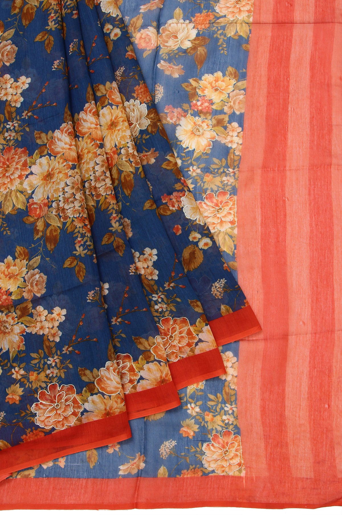 Peacock Blue Cotton Silk Saree with Orange Stripes