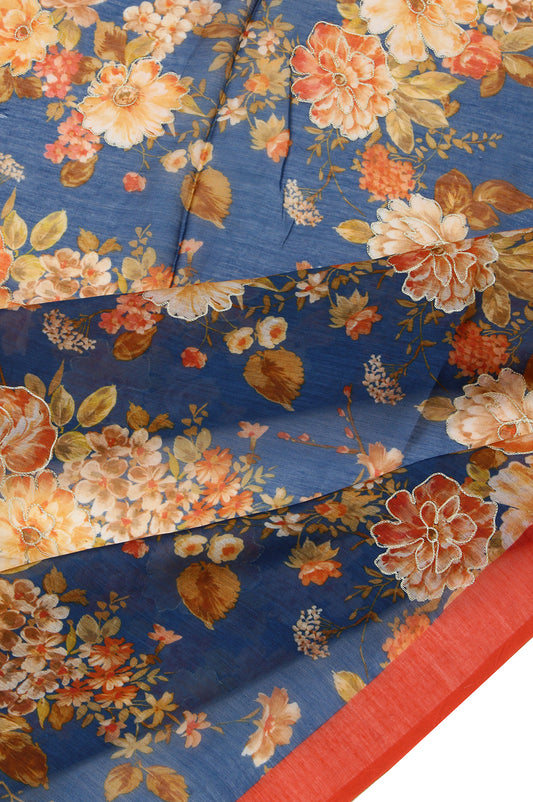 Peacock Blue Cotton Silk Saree with Orange Stripes