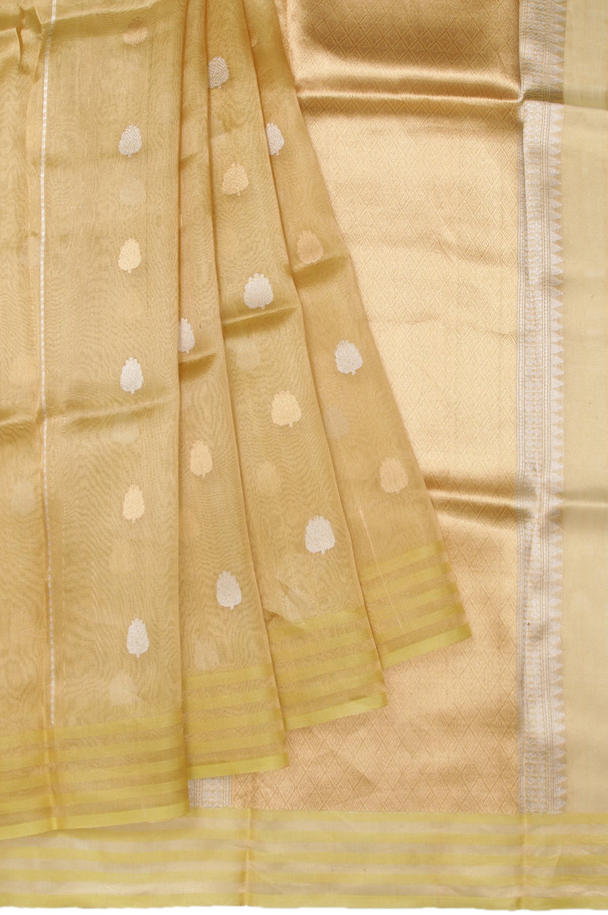 Neon Yellow Organza Silk Saree with Gold and Silver Zari Stripes and Temple Design