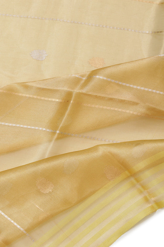 Neon Yellow Organza Silk Saree with Gold and Silver Zari Stripes and Temple Design