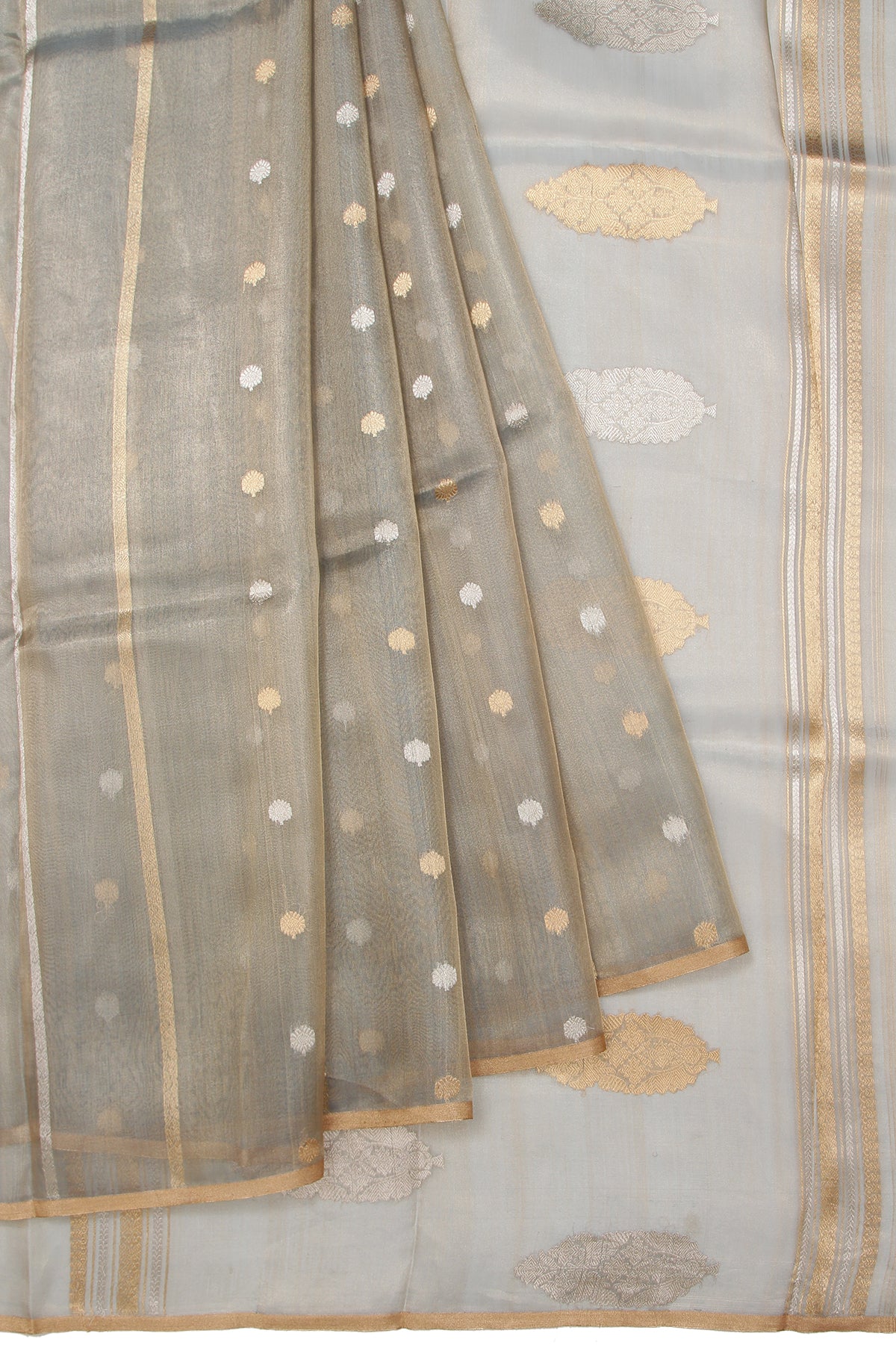 Ash Organza Silk Saree with Gold Zari Border and Chequered Pallu