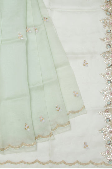 Pista Green Organza Silk Saree with Scallop Border and Detailed Embroidery