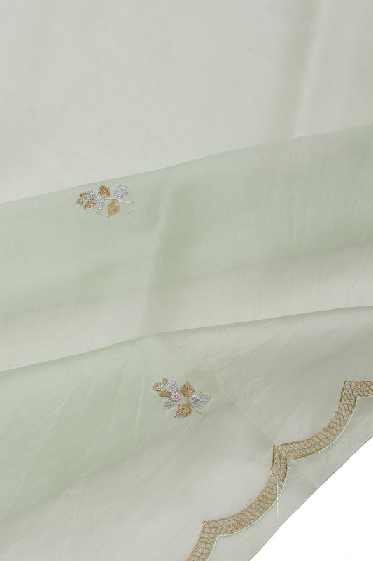 Pista Green Organza Silk Saree with Scallop Border and Detailed Embroidery