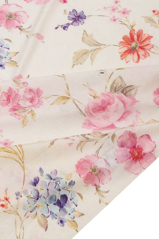 Cream Munga Silk Saree with Open Border and Allover Floral Jaal