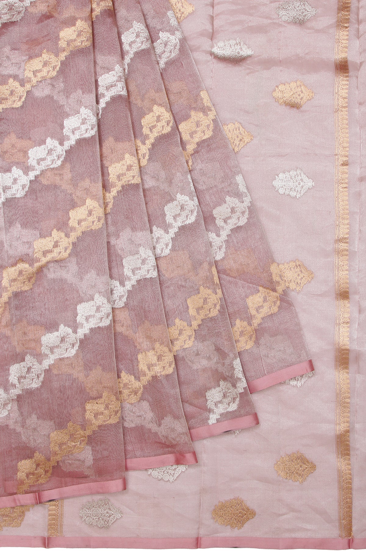 Onion Pink Organza Silk Saree with Gold and Silver Zari Tree Motifs