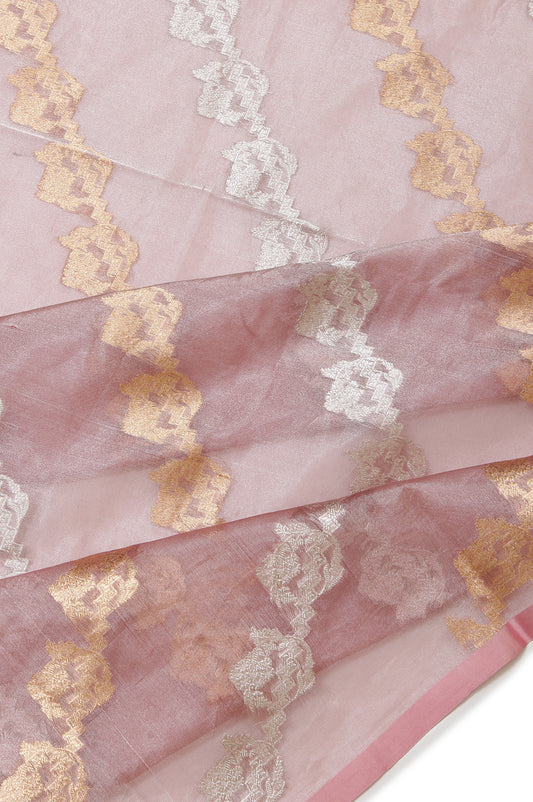 Onion Pink Organza Silk Saree with Gold and Silver Zari Tree Motifs