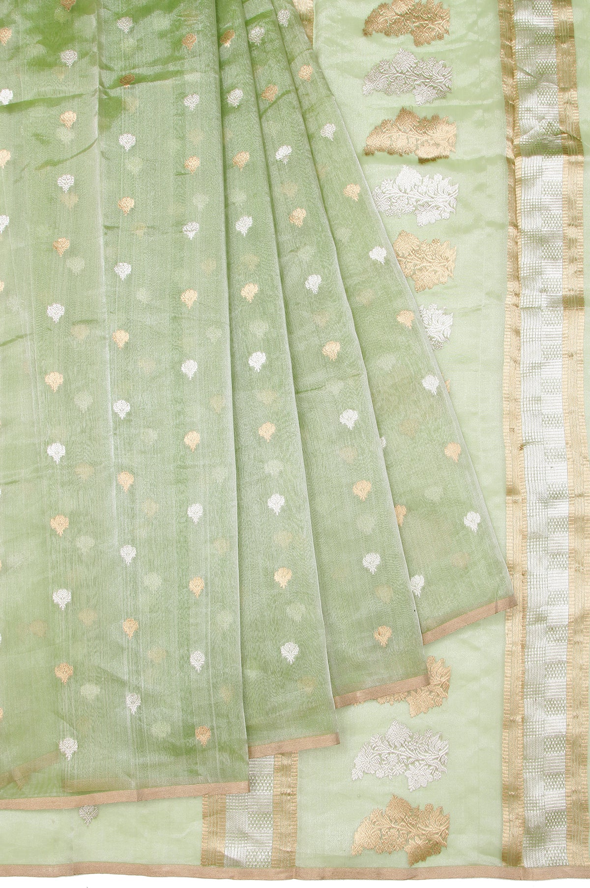 Parrot Green Organza Silk Saree with Gold Zari Floral Creeper and Flower Stripes