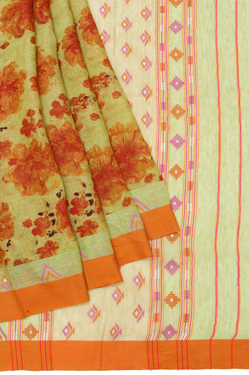 Parrot Green Linen Silk Saree with Pink Orange Motifs