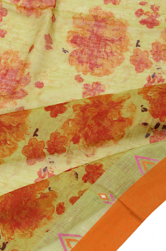 Parrot Green Linen Silk Saree with Pink Orange Motifs