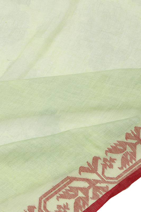 Pista Green Linen Silk Saree with Red Border