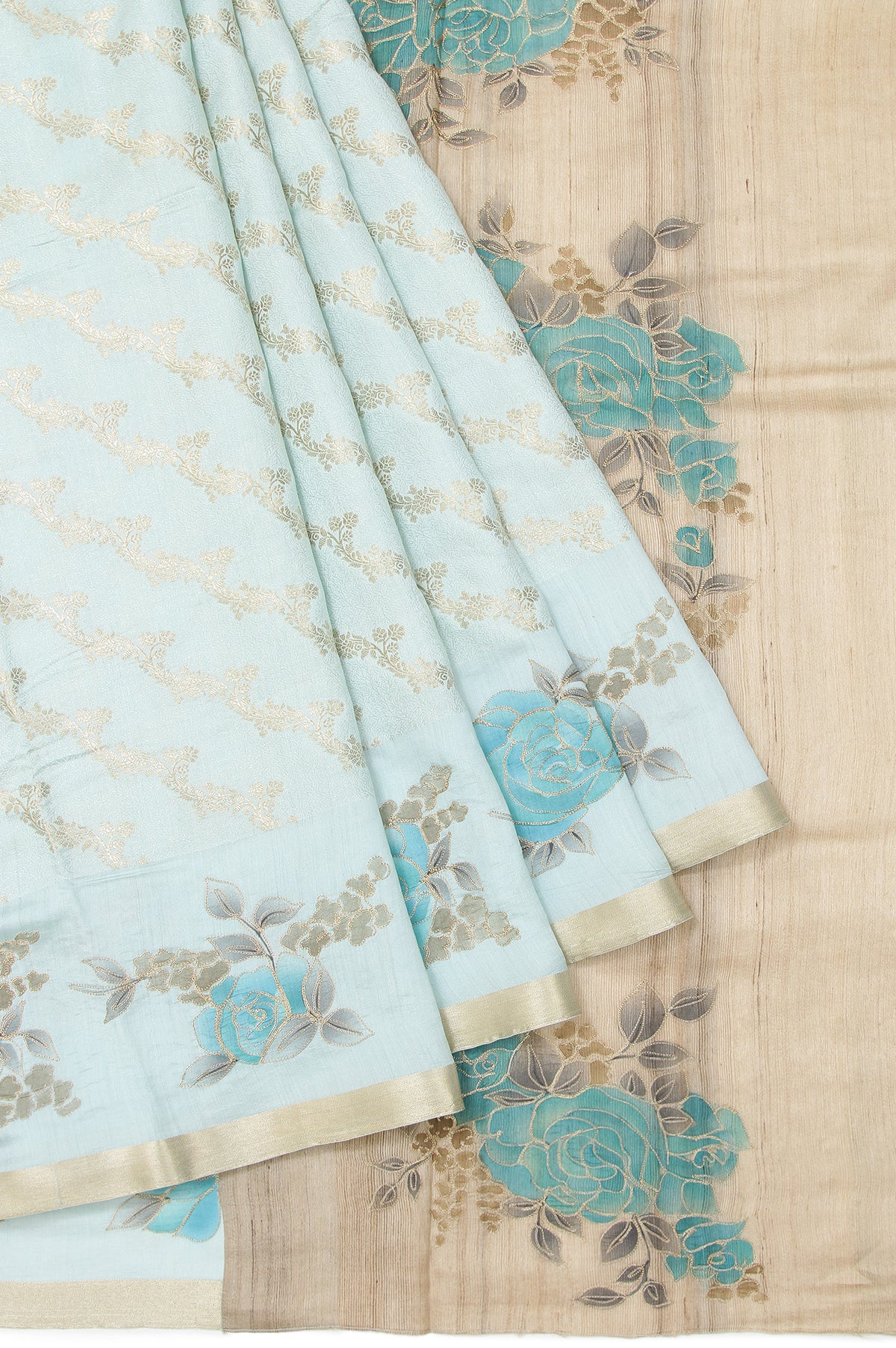 Sea Green Chiniya Silk Saree with Zari Cut Work Border