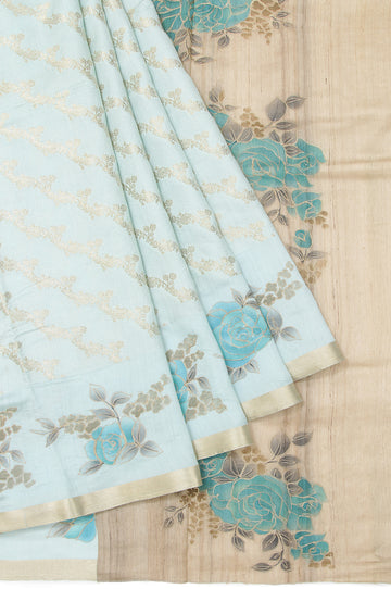 Sea Green Chiniya Silk Saree with Zari Cut Work Border