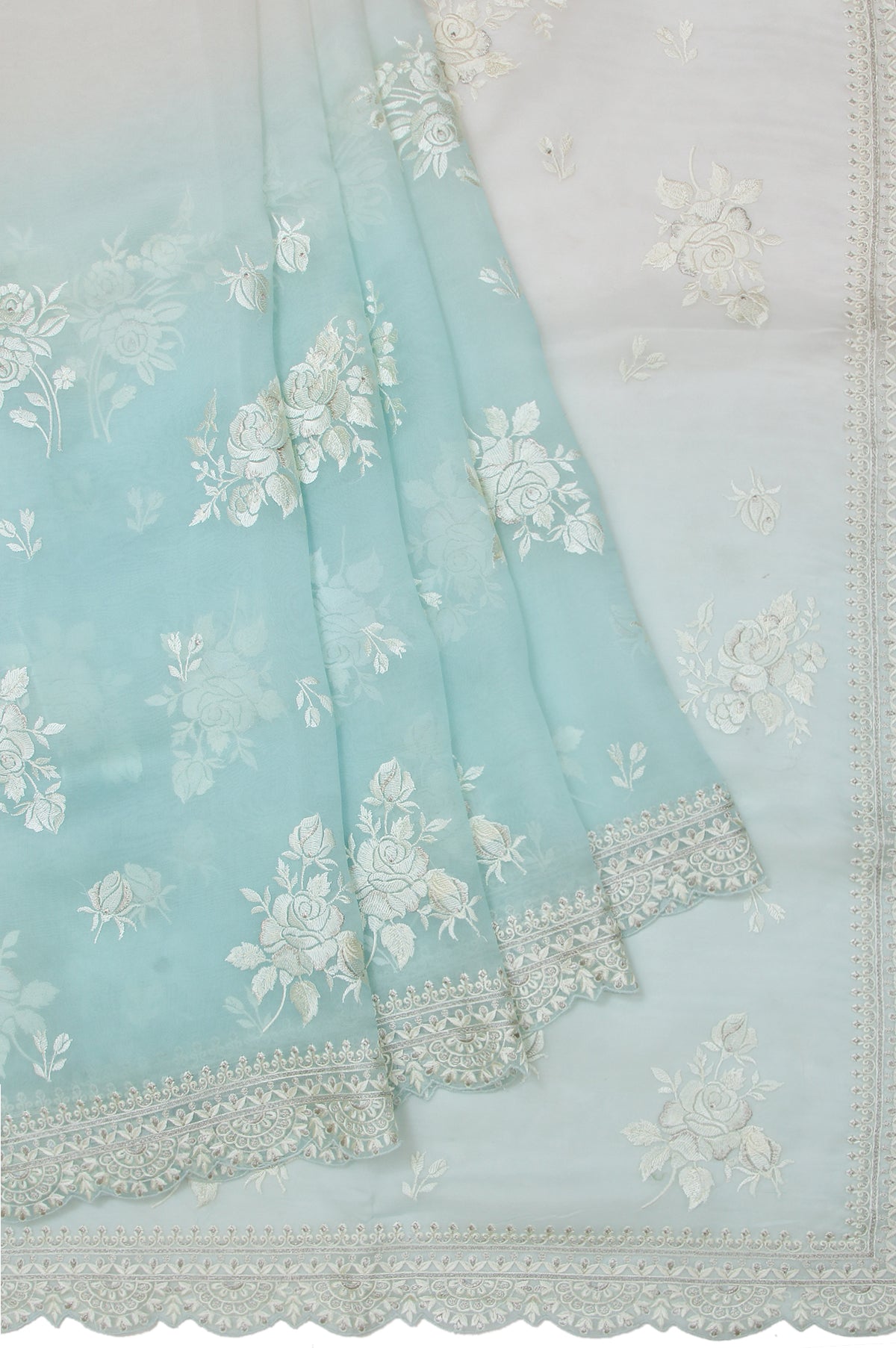 Sky Blue Organza Silk Saree with Silver Zari Embroidery