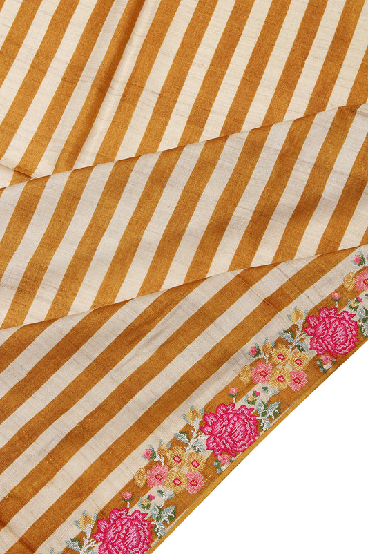 Mustard Tussar Silk Saree with Allover Stripes