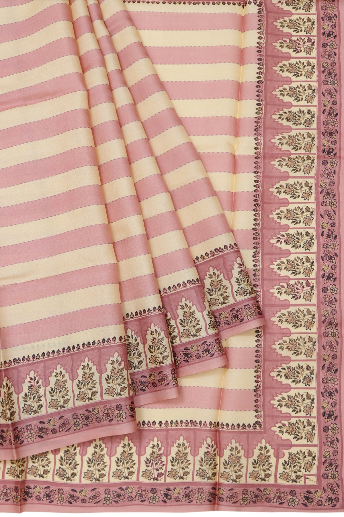 Cream Tussar Silk Saree with Onion Pink Stripes