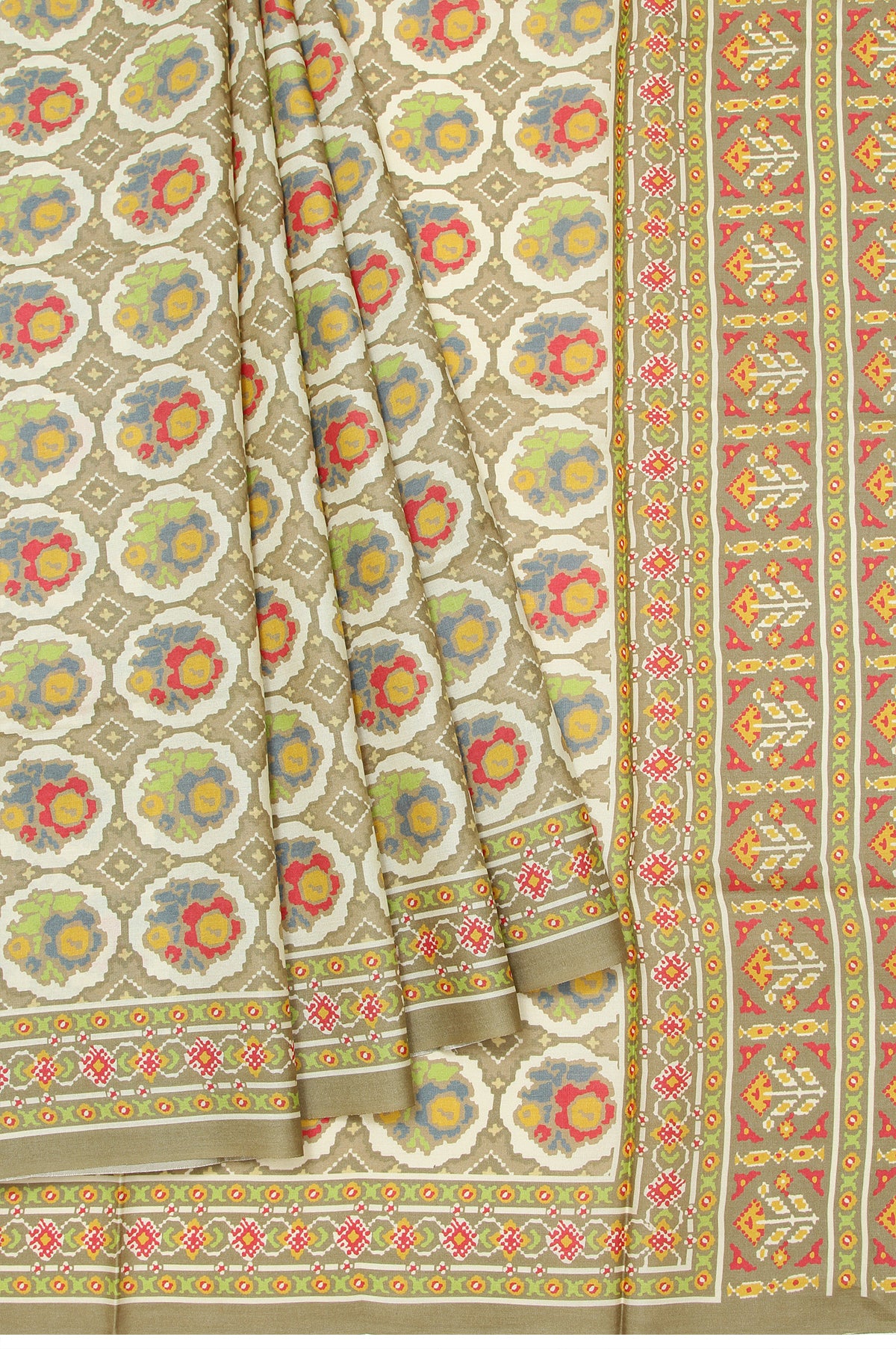 Cream Tussar Silk Saree with Mehendi Green Flower Motifs