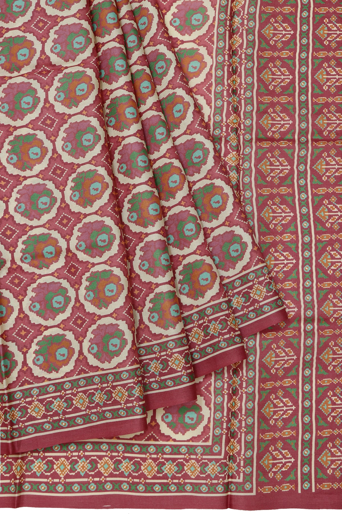 Cream Tussar Silk Saree with Onion Pink Geometric Border