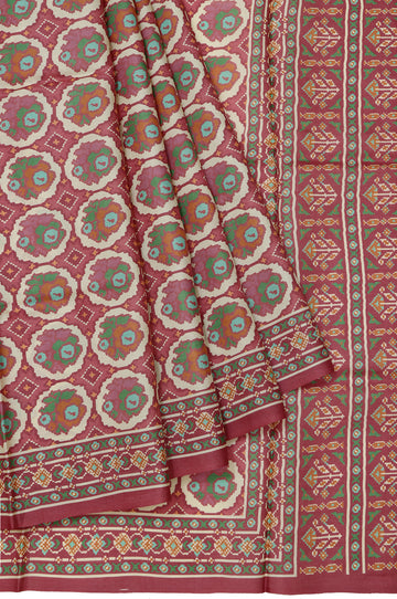 Cream Tussar Silk Saree with Onion Pink Geometric Border