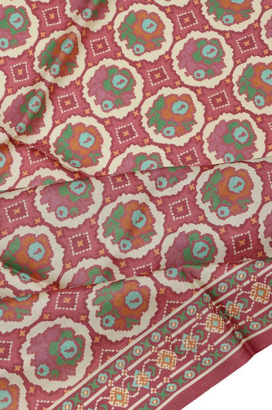 Cream Tussar Silk Saree with Onion Pink Geometric Border