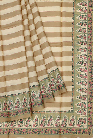 Cream Tussar Silk Saree with Green Stripes