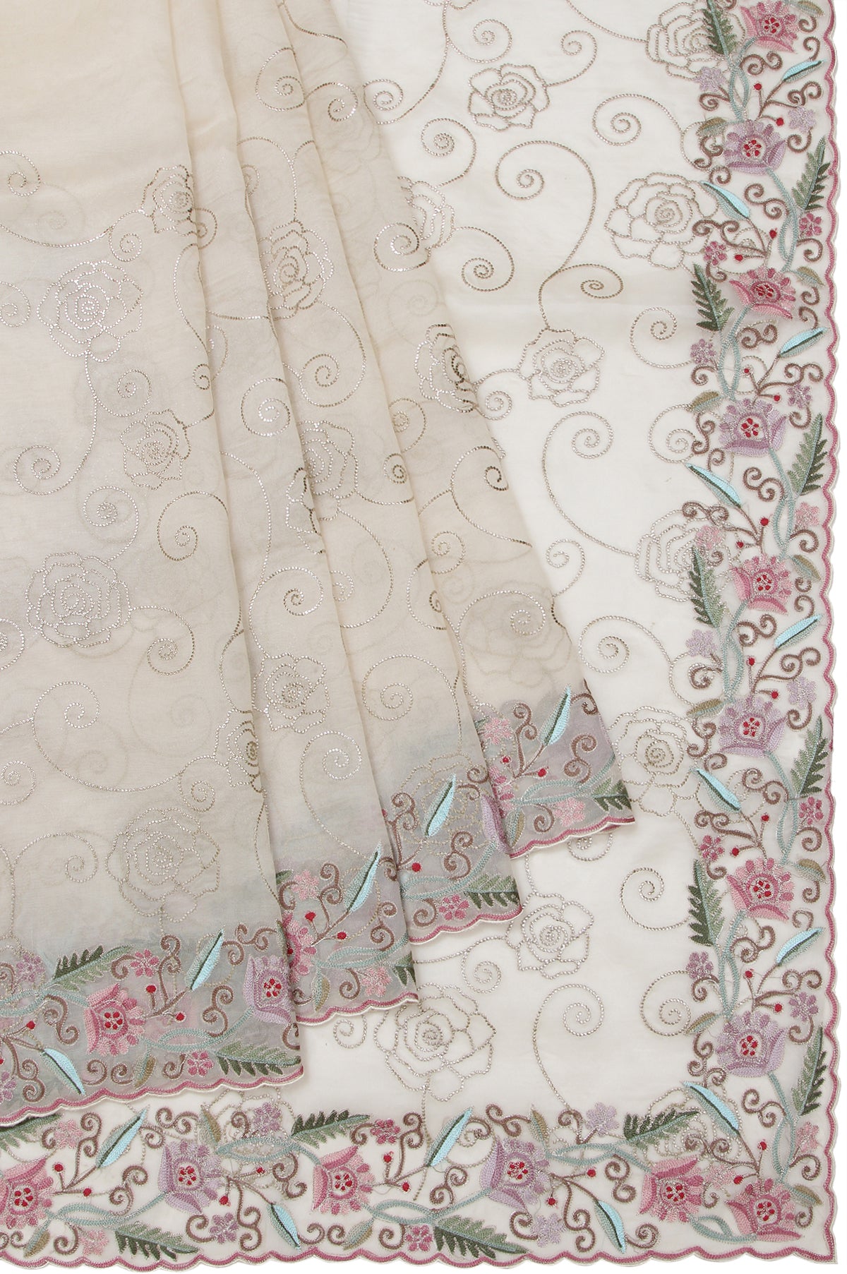 Cream Organza Silk Saree with Flower Jaal