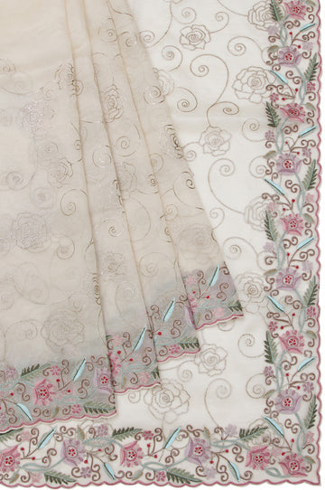 Cream Organza Silk Saree with Flower Jaal