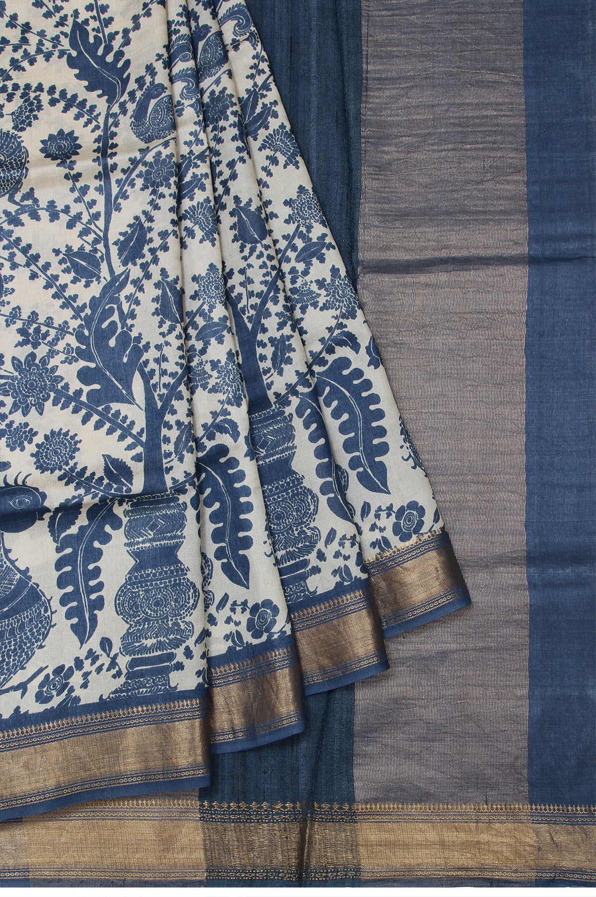 Cream Tussar Silk Saree with Block Print