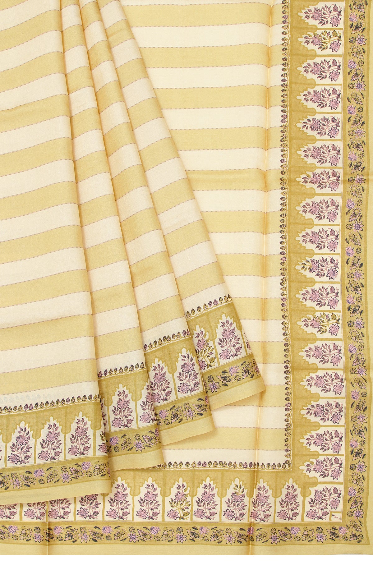 Cream Tusser Silk Saree with Yellow Stripes