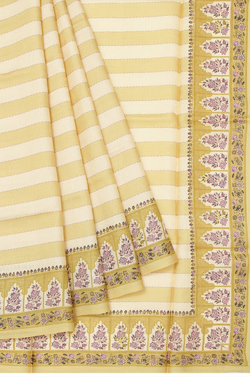 Cream Tusser Silk Saree with Yellow Stripes