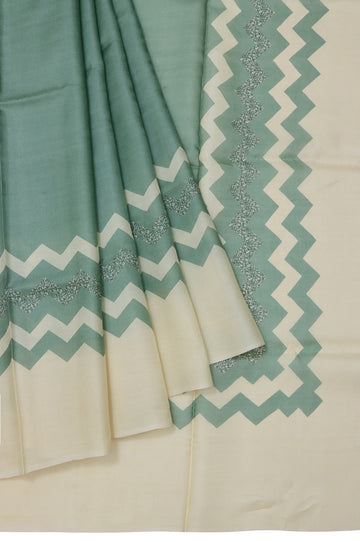 Pista Green Tussar Silk Saree with Cream Wave Border