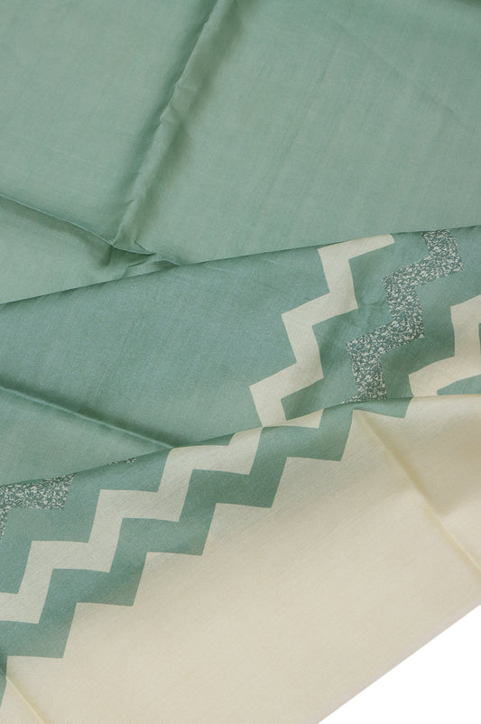 Pista Green Tussar Silk Saree with Cream Wave Border