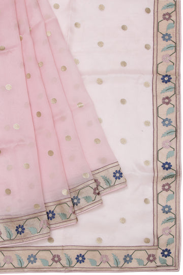 Pink Organza Silk Saree with Gold Zari Floral Leaf Creeper and Polka Dots