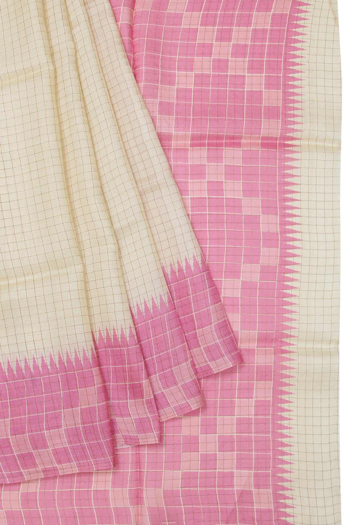 Cream Tussar Silk Saree with Gold Zari Checks