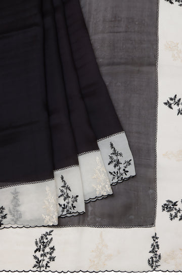 Black Organza Silk Saree with Cream Tree Motifs