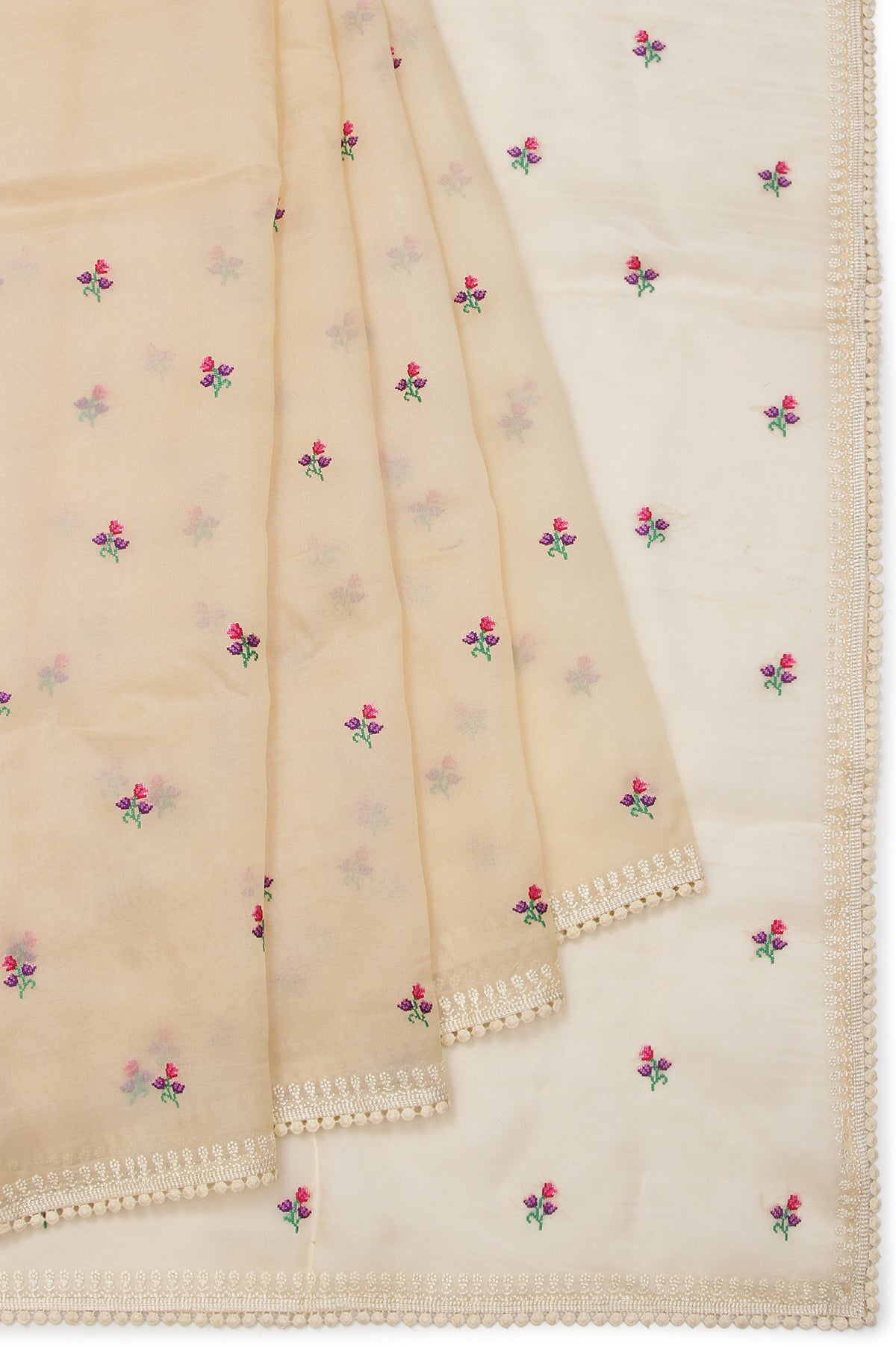 Sandal Organza Silk Saree with Lace Flower Buttas and Meena Thread Buttas