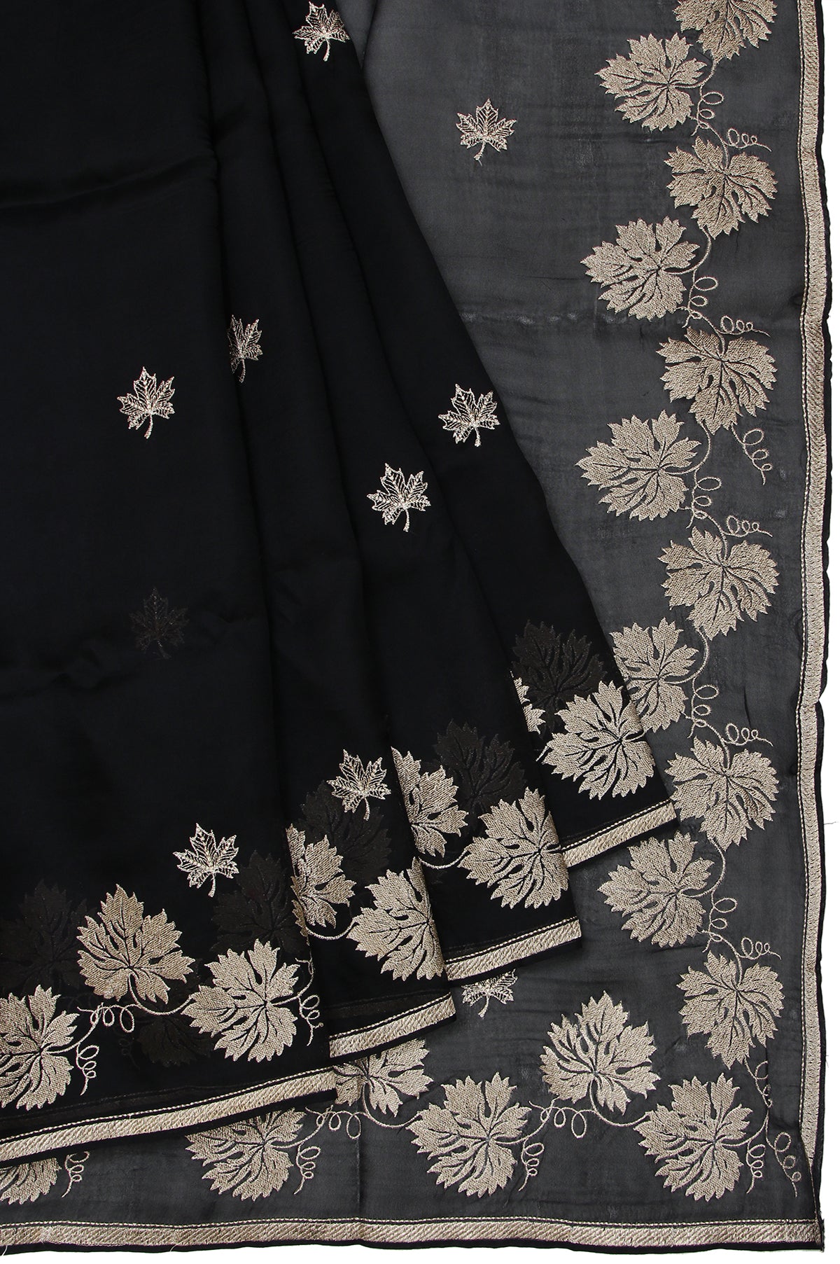 Black Organza Silk Saree with Gold Zari Twill Design and Leaf Motifs