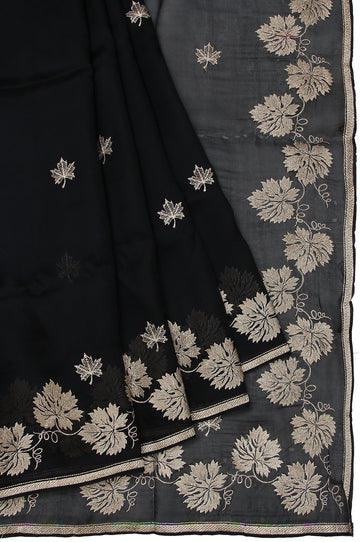 Black Organza Silk Saree with Gold Zari Twill Design and Leaf Motifs