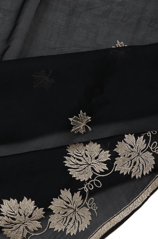 Black Organza Silk Saree with Gold Zari Twill Design and Leaf Motifs