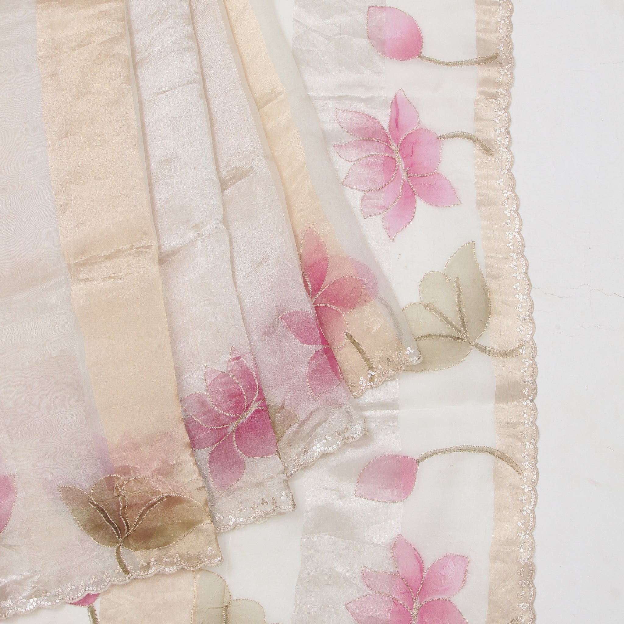 Cream Organza Saree with Gold Flower Motif