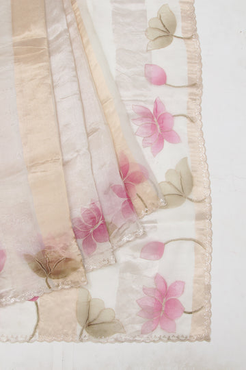 Cream Organza Saree with Gold Flower Motif