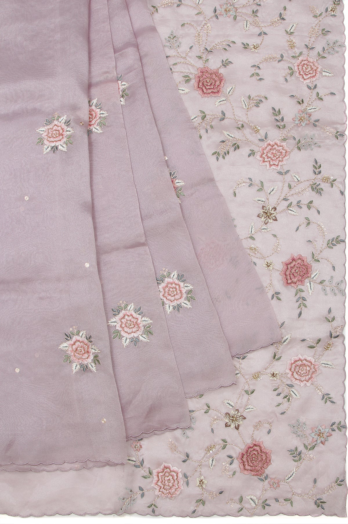 Lavender Organza Silk Saree with Scallop Border and Flower Thread Motifs