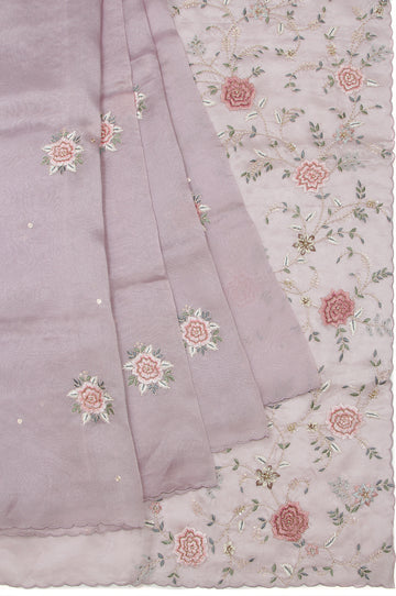 Lavender Organza Silk Saree with Scallop Border and Flower Thread Motifs