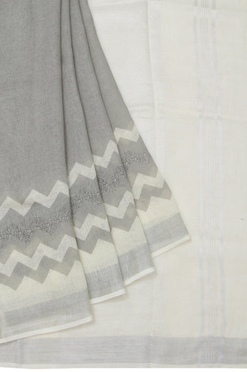 Grey Linen Cotton Saree with Silver Zari Kadi Wave Design