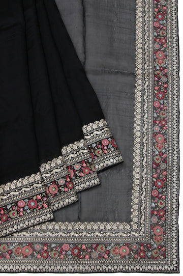 Black Organza Silk Saree with Sequin Thread Work and Square Creeper Pattern