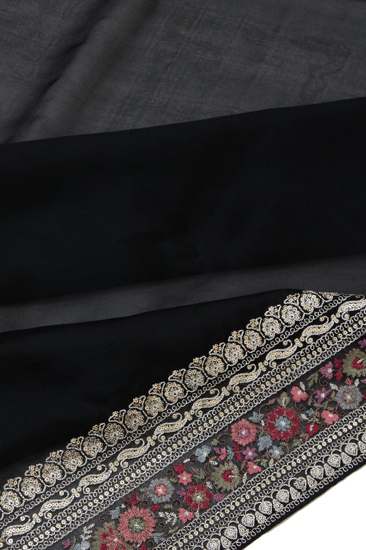 Black Organza Silk Saree with Sequin Thread Work and Square Creeper Pattern