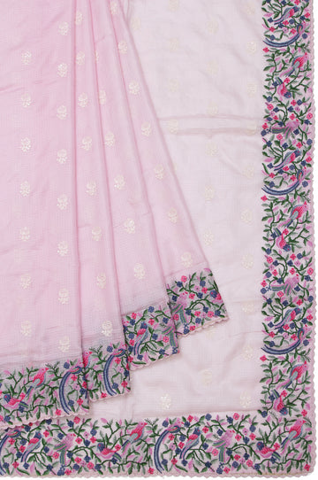 Pink Kota Silk Saree with Leaf and Floral Creeper and Birds