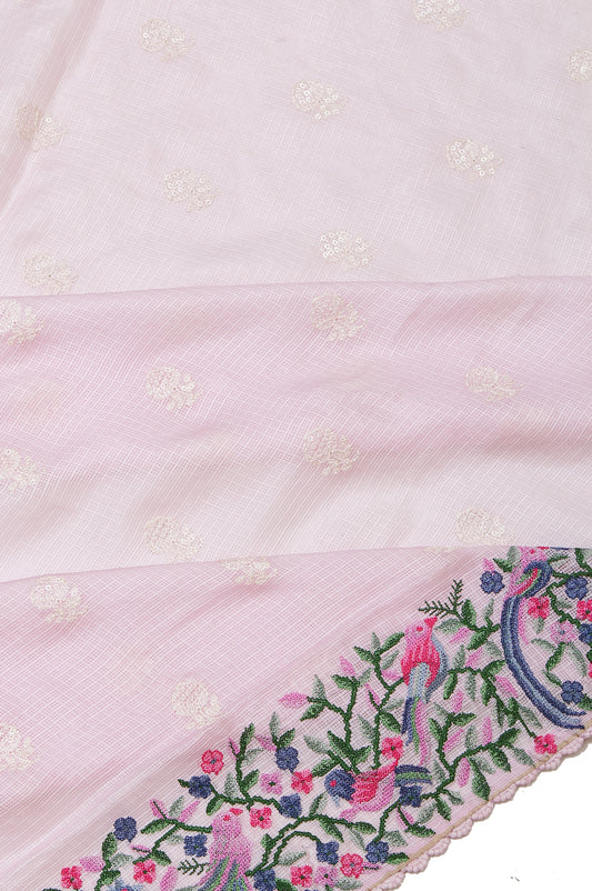 Pink Kota Silk Saree with Leaf and Floral Creeper and Birds