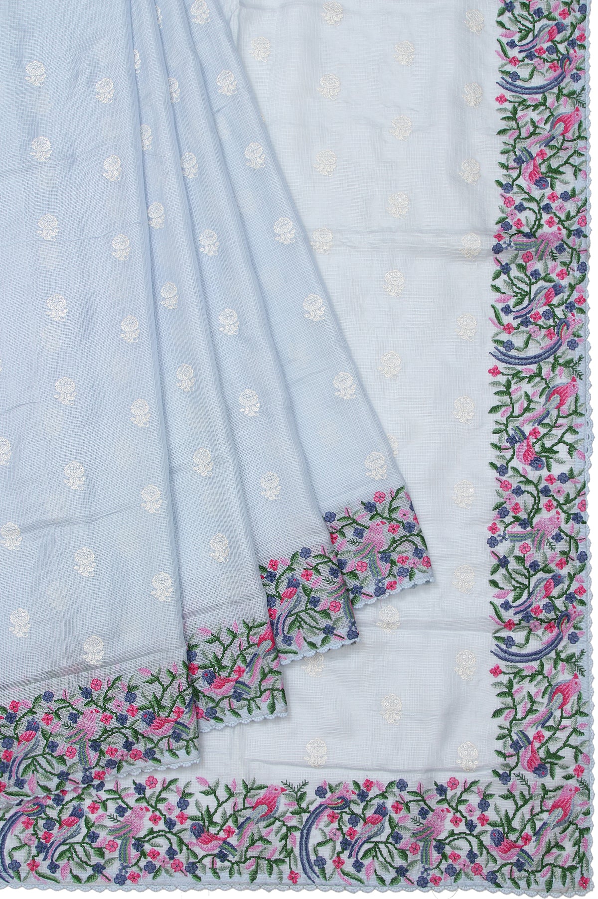 Sky Blue Kota Silk Saree with Leaf and Floral Creeper Border and Flower Motifs