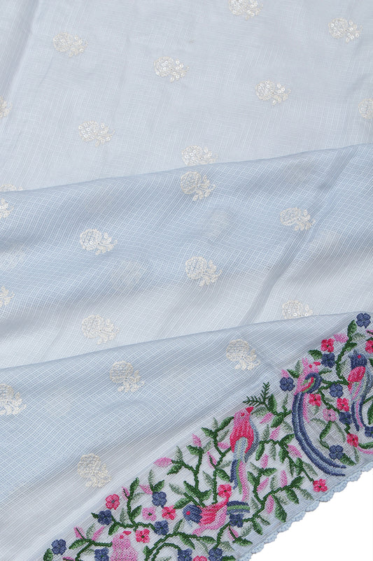 Sky Blue Kota Silk Saree with Leaf and Floral Creeper Border and Flower Motifs