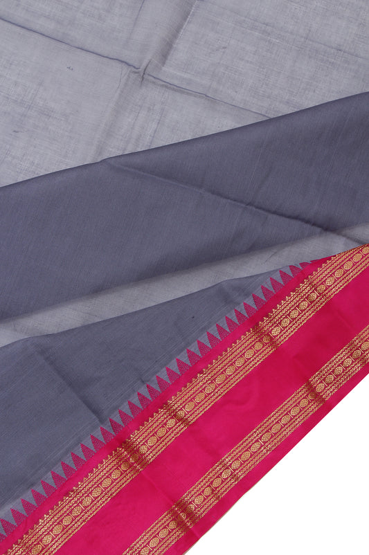 Grey Kanchi Cotton Saree with Magenta Pink Gold Zari Stripes and Rudhraksha Butta